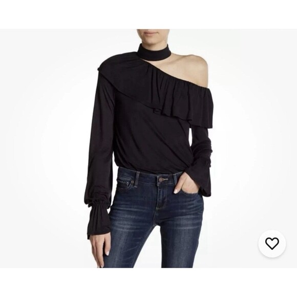 Paige Black Ruffle Long Sleeve One Shoulder Top Blouse Women’s Size Medium - Picture 1 of 6